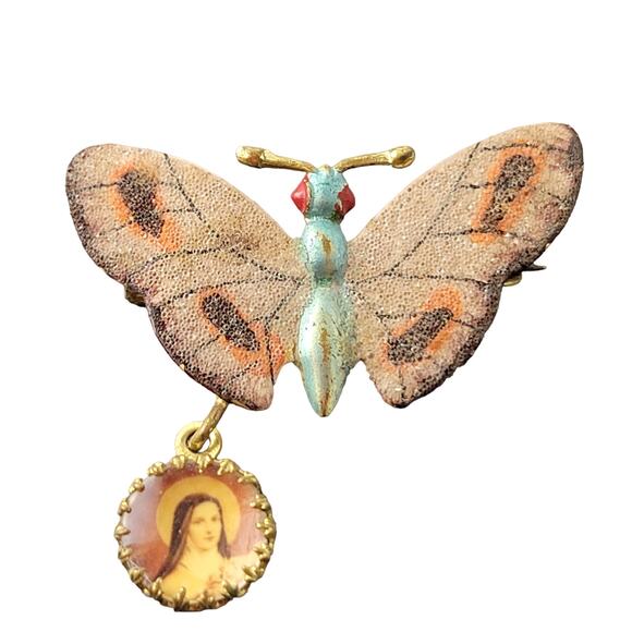 Vintage Butterfly Brooch Pin with Religious Dangling Medallion Charm 1.5" RARE - Picture 1 of 13